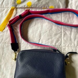Boden navy leather crossbody w/ colorful canvas strap